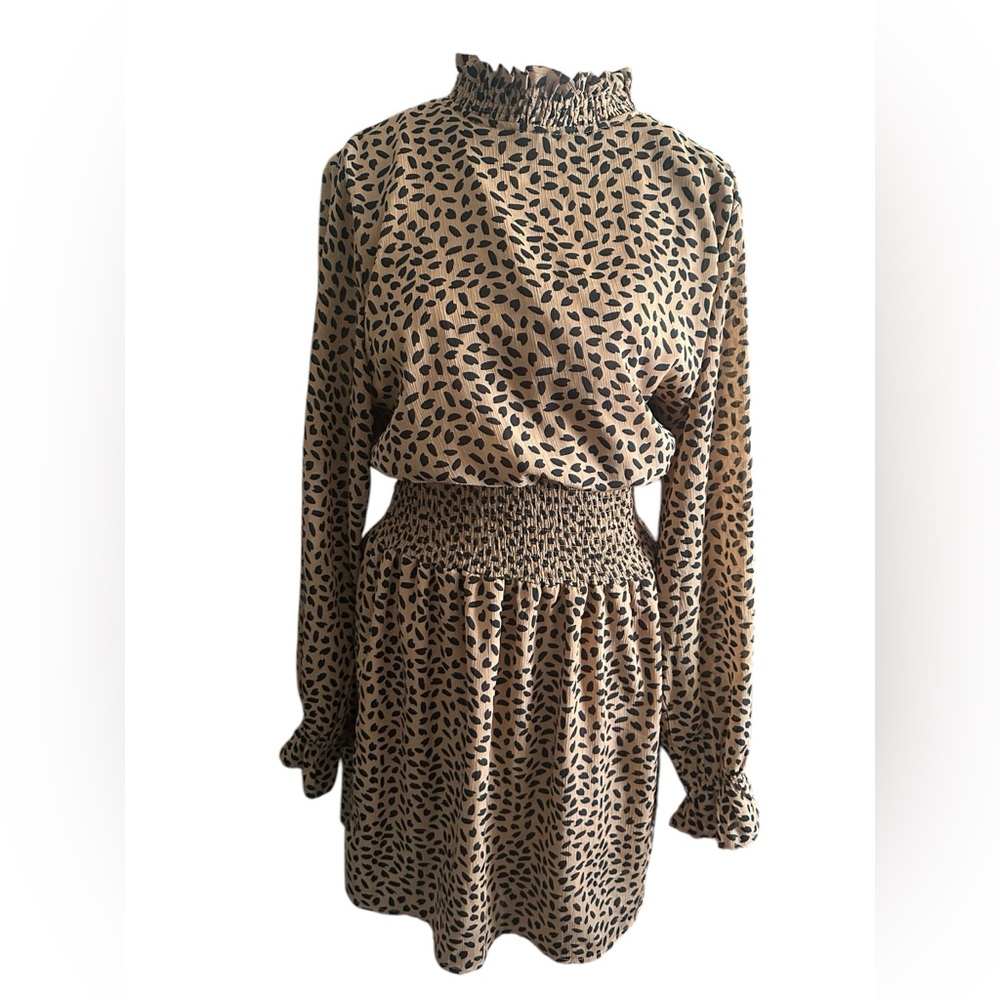 She and Sky leopard print midi dress with ruched waist sheer sleeves